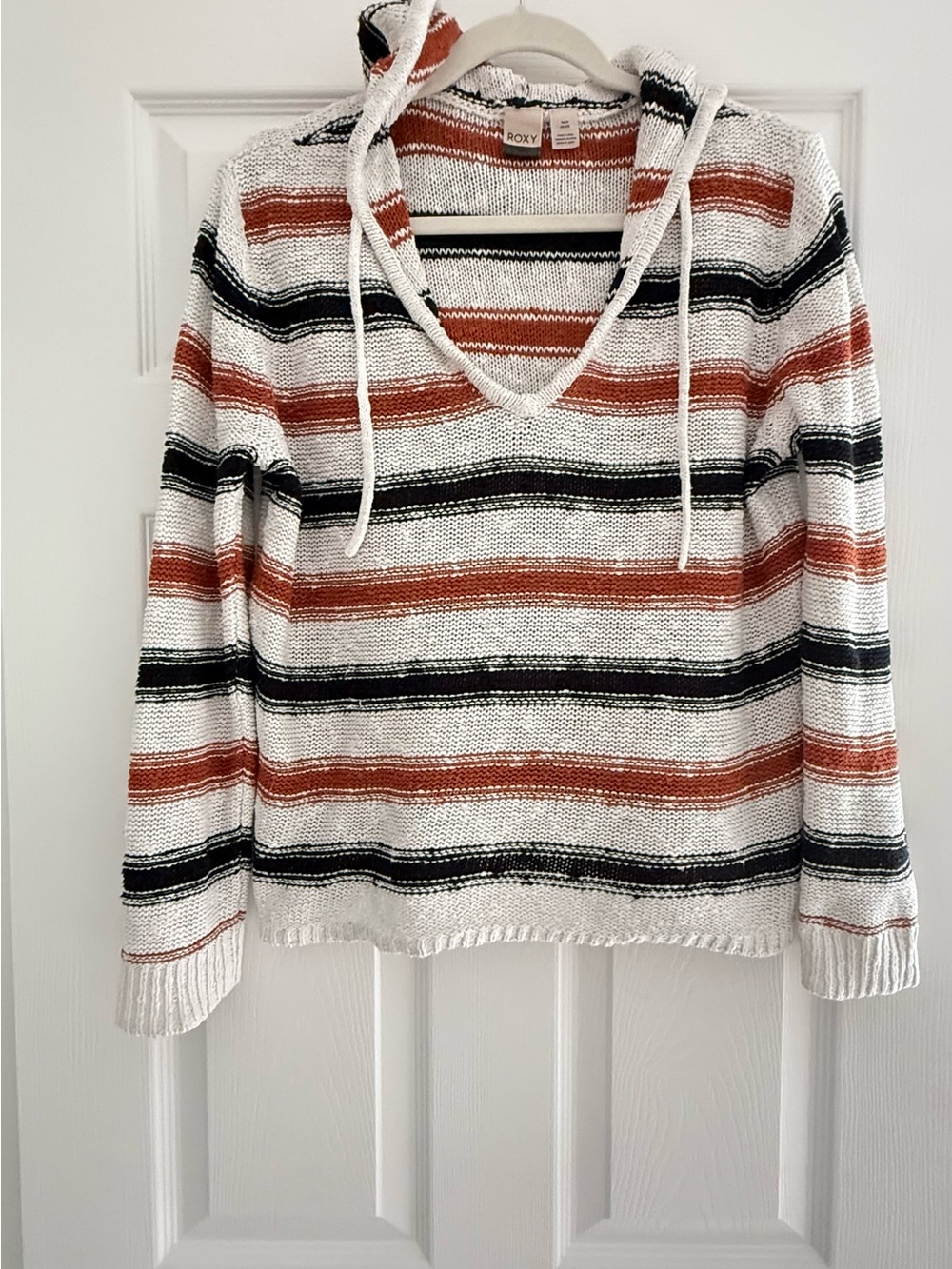 Roxy Hooded Striped Knit Pullover - White, Rust & Black
